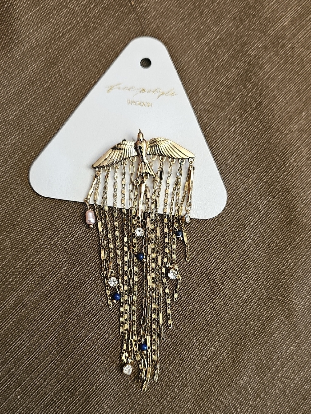 NWT Free People Cresta Dangle Bird Gold Winged Fringe Brooch Blue Clear Accents